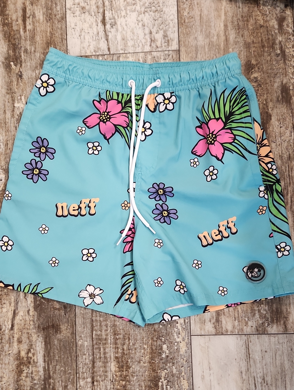 Neff Aqua Floral Swim Shorts with Pink & Purple Blooms